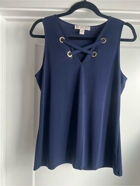 Michael Kors Navy Sleeveless V-Neck Lace-Up Top with Gold Eyelets